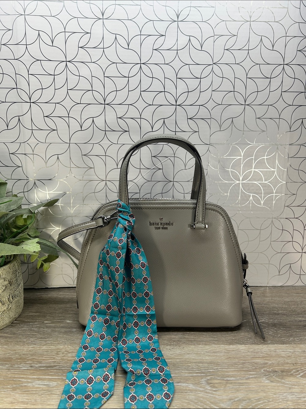 6359 kate spade gray dome satchel with teal patterned scarf 268506359